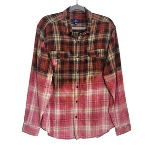 George Red Brown and Pink  Ombre Bleached Plaid Flannel Shirt Size Medium